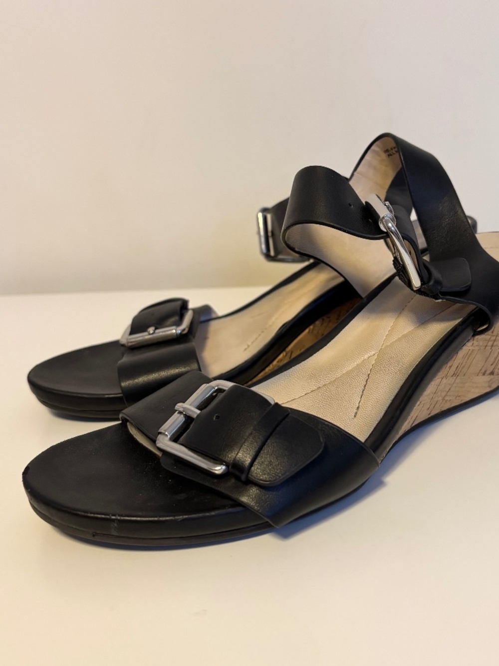 Relativity Faux Leather Buckle Ankle Strap Cork Wedge Heel Sandals Black Size 8